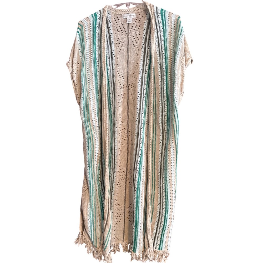 Christophe & Banks Women XL Knit Duster Cardigan Beige Green‎ Striped Fringe
